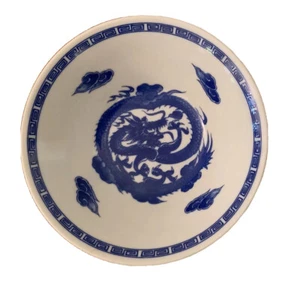 Dragon Porcelain Round Noodle Blue Bowl Pre-Owned - Picture 1 of 3