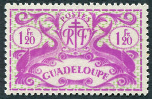 GUADELOUPE 1945 1f20 magenta and yellow-green SG191 mint MH FG Dolphins #A02