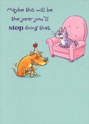 Tarjeta de cumpleaños divertida/humorosa para perro arrastrando trasero en tierra gato en silla rosa Foto 1 de 2