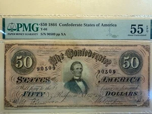 Radar Serial Number! 1864 Confederate $50, T-66 Certified AU55 EPQ by PMG - Picture 1 of 8