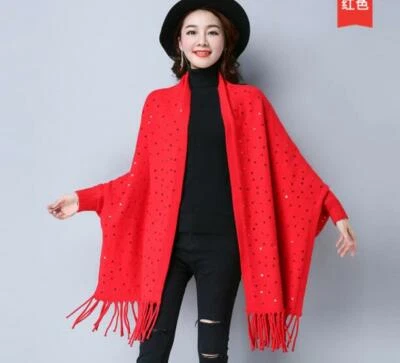 Mujeres Lentejuelas Bufanda Mantón Doble Uso Otoño Damas Tejido Borla Capa Chaqueta Foto 1 de 4
