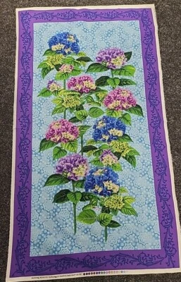 60cm Hydrangea Panel On Blue 100% Premium Quilting Cotton  110cms Wide - Image 1 of 3