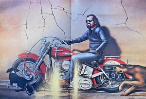 David Mann Poster Dogs Checking Out Motorcycle Rider - Picture 1 of 1