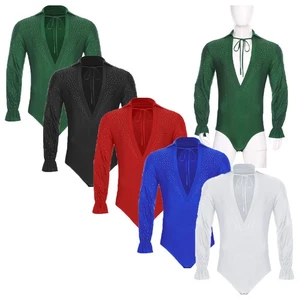 Mens Bodysuit Cha-cha Jumpsuit Romper Dancewear Salsa Leotard Rhinestones Jazz - Picture 1 of 51