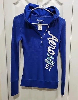 Aeropostale M Thermal Waffle Hood Henley Top Blue Long Sleeve NY 1987 Y2K Shirt - Image 1 of 4