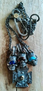*STOPLIGHT* Biker Punk Multi Skull Colored Eyes German Silver Chain Necklace - Picture 1 of 8