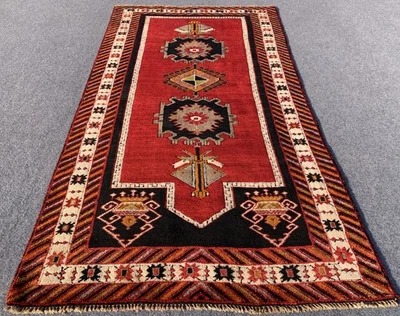 Authentic Hand Knotted Vintage Tribal Turkish Wool Area Rug 6 x 3 Ft - Image 1 of 4