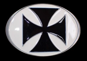 NICE SIMPLE BLACK AND WHITE IRON CROSS BELT BUCKLE PEWTER & ENAMEL NEW - Picture 1 of 2