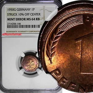 Germany-Federal Republic 1950-G 1 Pfennig NGC MINT ERROR MS64 RB SCARCE KM105(6) - Picture 1 of 4