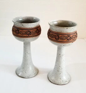 Set of 2 Studio Art Pottery Wine Goblets 7.5"H White Speckled Wine Glass Signed - Picture 1 of 11