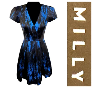 MILLY Delphina Cocktail Fit & Flare Dress Womens Sz 2 Cobalt Blue Black NEW $625 - Picture 1 of 10