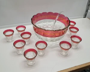 Vintage Indiana Glass Kings Crown Ruby Punch Bowl Set W/ 10 Footed Cups W/Ladle - Picture 1 of 18