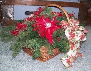 New 26" CHRISTMAS Rattan HEARTH BASKET Red FEATHER POINSETTIA  DECOR - Picture 1 of 1