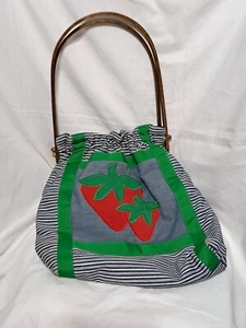 Vtg Wooden Handled Handmade Striped Purse w/Appliqued Strawberries(B22) - Picture 1 of 3
