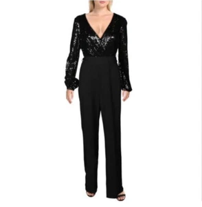 💋Lauren Ralph Lauren Black Sequinned One Piece Straight Legged Jumpsuit Size 14 - Picture 1 of 8