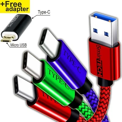 3 pack of Type-C Braided Cable + Micro USB Adapter (Sync Charger Charging Cord) - Image 1 of 3