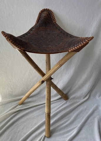 Vtg Leather Tripod Folding Saddle Seat Stool Chair Aztec Mayan Bamboo Legs Cover