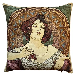 ALPHONSE MUCHA RUBIS RUBY BELGIAN JACQUARD WOVEN TAPESTRY PILLOW CUSHION COVER - Picture 1 of 6