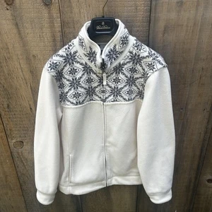 LL Bean JACKET Women’s MEDIUM FLEECE Full Zip Cream Fair Isle Snowflake Pockets - Picture 1 of 6