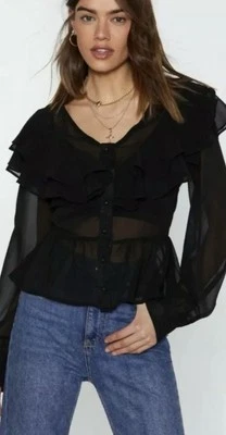 nasty gal  semi sheer ruffle blouse in black uk 10 new with tags - Image 1 of 2