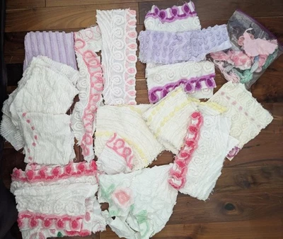 vintage chenille fabric remnants: flowers, decorative edges, large & small piece - Image 1 of 3