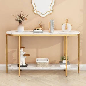 2 Tier Narrow Faux Marble Gold Frame Entryway Console Sofa Table Easy Assembly - Picture 1 of 13