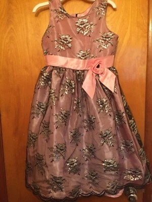 Jayne Copeland Vestido Rosa Con Encaje Negro y Plata Niñas Talla 12 Foto 1 de 4