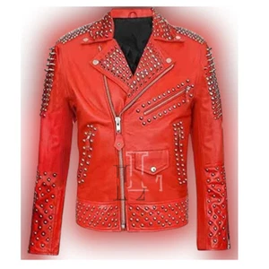 Handmade Men's Classic Red Genuine Cowhide Pure Leather Studded Jacket - Picture 1 of 6