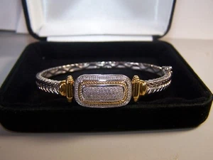 KAY JEWELERS J SEYMOUR STERLING & GOLDWASH DIAMOND CLUSTER BANGLE BRACELET 8" - Picture 1 of 10
