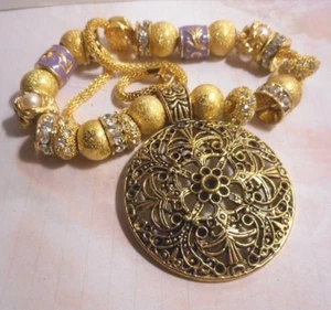 Beautiful one of a kind hand assembled necklace with gold tone beads & pendant - Picture 1 of 8