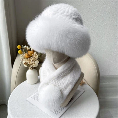 Women's Real Mink Fur Hat + Real Mink Fur Scarf Set Knitted Beanies Stretch Cap - Image 1 of 4