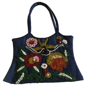 Blue Denim Beaded Purse Handbag Bird and Flower Double Handle Lined Snap Boho - Picture 1 of 4