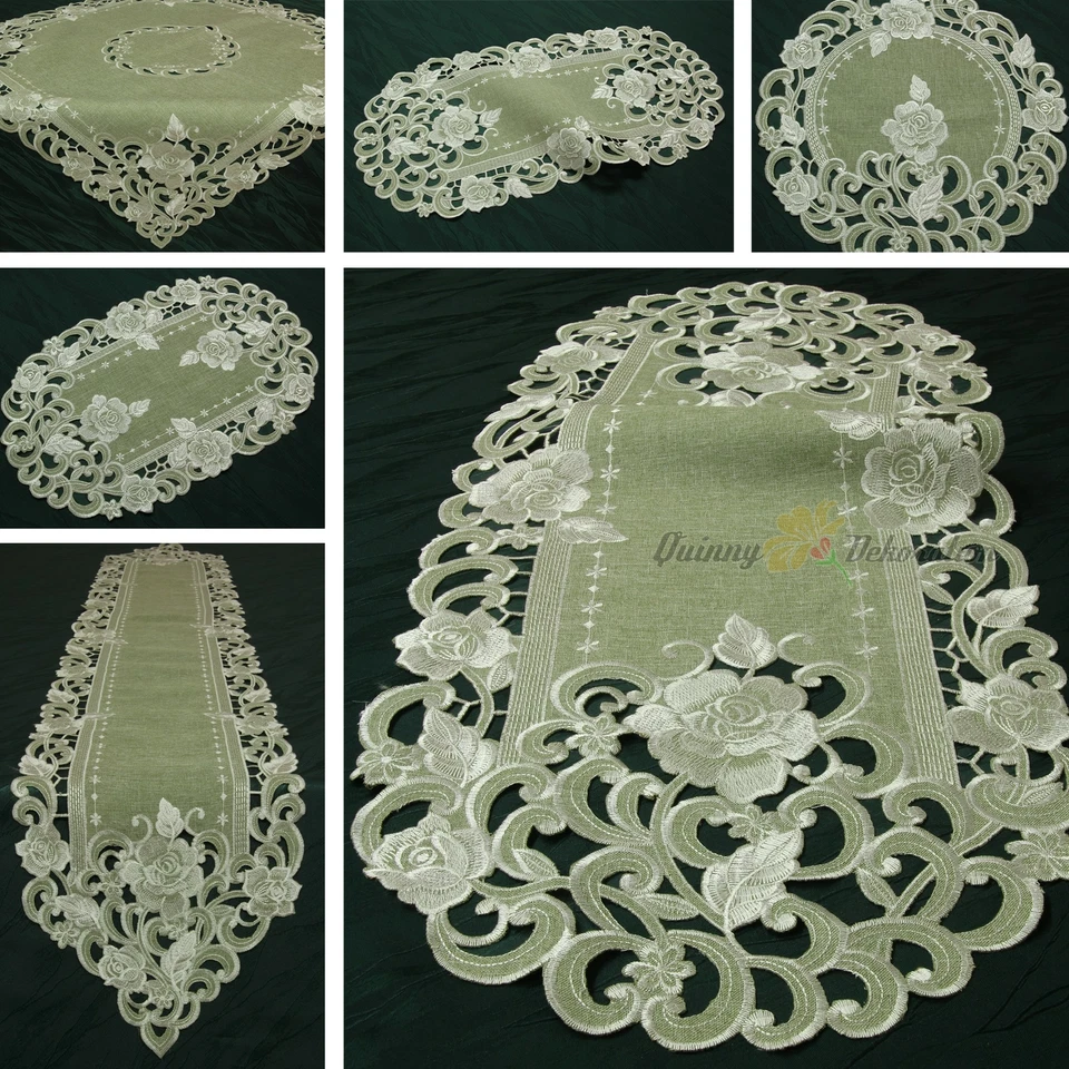 Rose Tablecloth Linen-look Table runner Doily Green-Beige with Flower Embroidery - Image 1 of 1