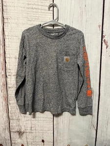 Carhartt Boys Long Sleeve Pocket Crew T-Shirt Logo Outdoor Grey Orange Size 6 - Picture 1 of 6
