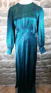 Nicole Farhi Dress M Green Blue Maxi  Leopard Print Satin Silky  - Picture 1 of 10