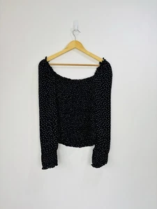 Mint Velvet Top Size 14 Black White Shirred Stretch Long Puff Sleeve Spotted - Picture 1 of 9
