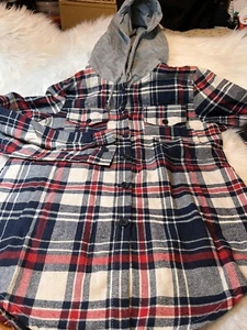 New UNBRANDED xxL (16) Flannel Shirt Red white Blue WITH HOODIE - Picture 1 of 6