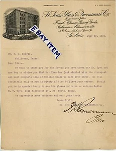 1905 Missouri ST. LOUIS GLASS & QUEENSWARE COMPANY Letterhead F BREMERMANN Super - Picture 1 of 1