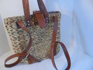 Basket Woven Beach Straw Backpack Tote Bag Purse Lined W/Vegan Brn. Leather Trim - Picture 1 of 10