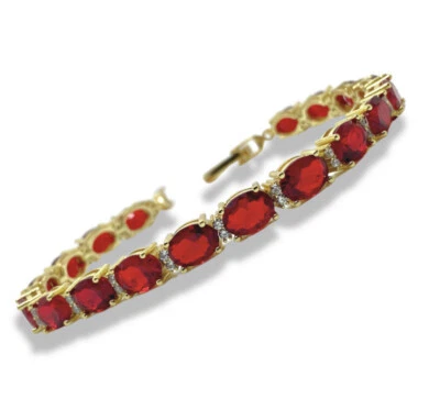 Yellow gold finish red ruby and created diamond Oval tennis bracelet gift idea - Image 1 of 4