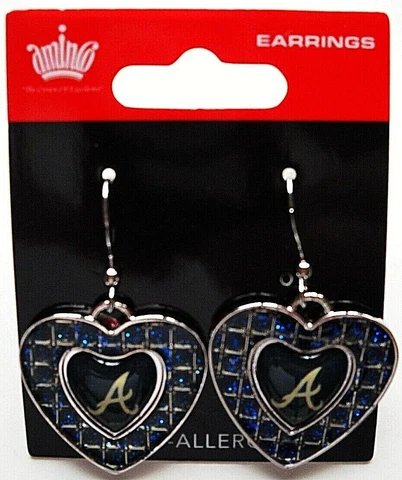 ONE PAIR OF ATLANTA BRAVES DANGLE HEART-WITHIN-A-HEART EARRINGS WITH LOGO As Cover