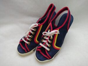 Vintage 1970s Wedge Heeled Sneakers / Blue with Red and Yellow Trim / Size 5