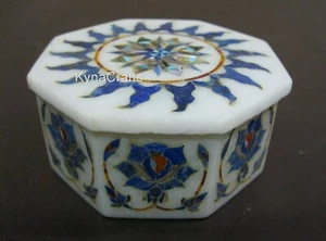 4 Inches White Marble Jewelry Box Lapis Lazuli Stone Inlay Work Necklace Box - Picture 1 of 5
