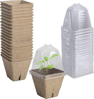 20 Pcs Biodegradable Nursery Pots with Humidity Dome- 2.3 Inch Square Seeding Foto 1 de 4