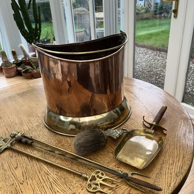 Antique Copper & Brass Coal / Log Scuttle. With Extras All In Excellent Cond - Image 1 of 4