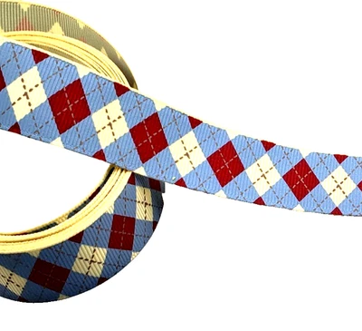 Patrón de diamante Argyle rojo y azul de 3 yardas 7/8" en cinta de grosgrain beige 100 % poliéster Foto 1 de 4