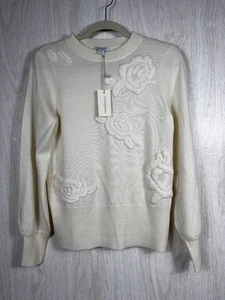 Sundance Ivory Wool Blend Floral Embroidered Mock Neck Sweater Medium NEW - Picture 1 of 6