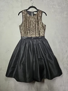 Calvin Klein Fit&Flare Black Gold Sequin Taffeta Tulle Slvless Party Dress Sz 6 - Picture 1 of 14