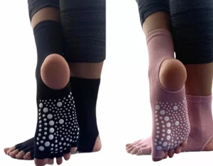 2 Pairs Womens Half Toe Yoga Socks w/ Grips Sticky Anti Slip Grip Bottoms NEW - Picture 1 of 6