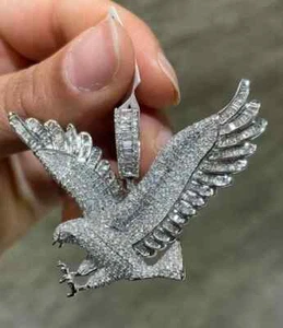 4Ct Round Cut Real Moissanite Eagle Charm Men's Pendant 14K White Gold Plated - Picture 1 of 9